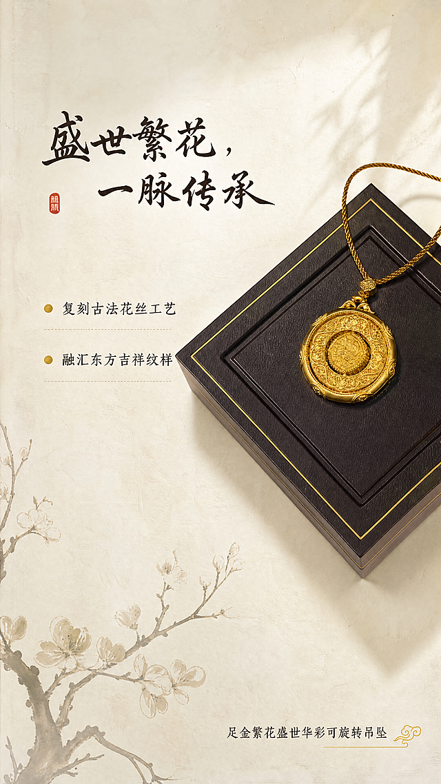 [第2屏] 设计理念页，诠释足金繁花盛世华彩可旋转吊坠东方美学意境。
[氛围/风格] 国风意境风，暖调高级氛围感，传承古韵质感，柔和雅致光影。
[元素布局] 本屏使用【图3】作为产品展示图，保持产品本身的形状结构、颜色材质与原图一致。产品放在画面偏右上区域，左侧大面积留白用于文案排版，背景为米白色宣纸纹理，左下角加入淡墨花枝剪影作为装饰，整体构图雅致空灵。
[光影质感] 软质侧光，凸显黄金温润哑光质感，背景柔和过渡，光影层次舒缓。
[配色色系] 全局底色：#F7F3E9（米宣纸）；主体配色：#D4AF37（足金）+#B8860B（金色装饰）；文字色：#1A1A1A（深棕黑）。
[视角构图] 斜侧45度俯视构图，左文右图，留白充足，符合国风审美呼吸感。
[文字版式] 左上主标题「盛世繁花，一脉传承」，字体为书法体，下方分两段卖点：「复刻古法花丝工艺」「融汇东方吉祥纹样」，每句配金色小圆点引导，右下方标注产品名，文字排版舒朗不拥挤。
[比例分辨率] 9:16竖版比例，4K分辨率，文字清晰可辨。
[负向提示词] 产品变形，文字模糊，背景花哨，颜色偏差，结构错误，水印。
