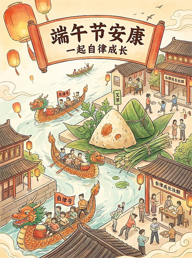 做一个文章配图，3:4。主题是，端午节安康，可以添加适应的端午节的元素。我们是“一起自律成长”社群的。可以结合相关的成长、自律、向上这种