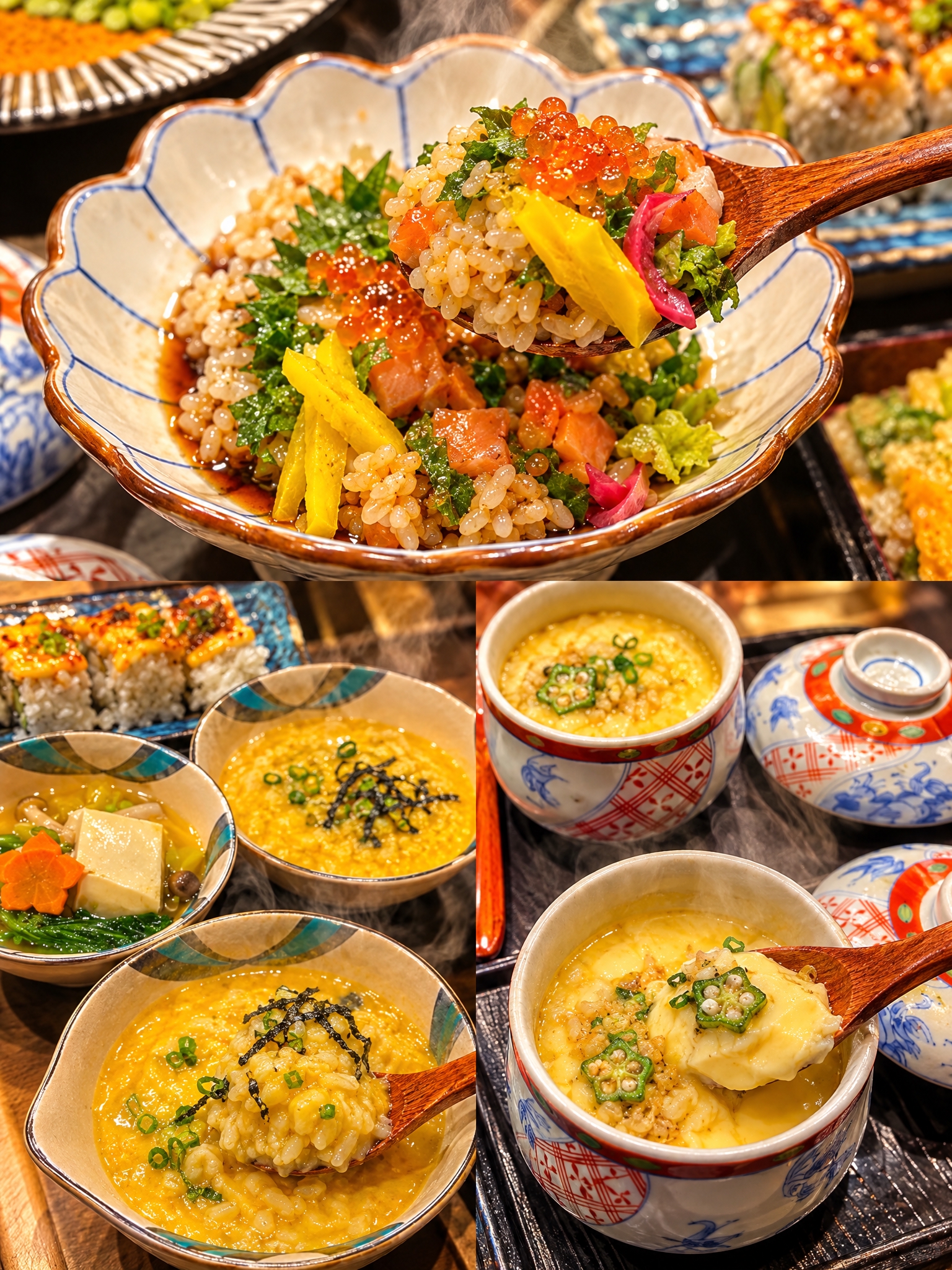 美食三拼图，上1下2布局，3:4竖版比例，无边框无内边框，三张… - 图片创意预览