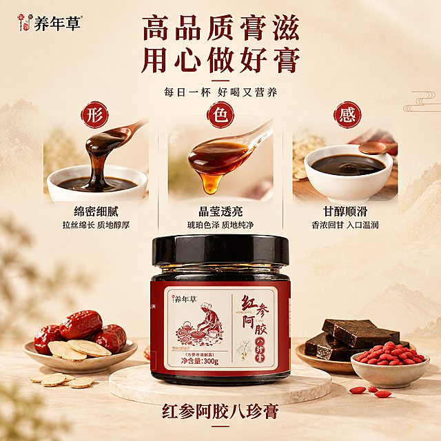 [单张主图] 养年草红参阿胶八珍膏 1688电商主图，优化排版，更精致更有品质感，保留形色感三品质核心展示，整体更高级、更协调、更有设计感。

[整体结构] 上下结构，比例更协调，留白更讲究。
- 上段标题区：约20%，更紧凑
- 中段形色感展示区：约45%，三格等宽但去掉生硬边框，用更精致的方式呈现
- 下段产品区：约35%，产品瓶放大，成为视觉重心之一，原料食材更精致地摆放

[上段-标题区优化]
- 左上角品牌位：「养年草」品牌名+小Logo，黑色宋体，位置精致，不突兀
- 主标题：两行居中，「高品质膏滋 用心做好膏」，深红棕色，字体改为更有品质感的粗宋体/宋黑体，字间距适当拉开，行间距舒适，不要太拥挤也不要太散
- 主标题下方：一条细细的红色短装饰线（不要通栏太长），线下方副文案「每日一杯 好喝又营养」，深棕色细黑体，字号适中，居中
- 标题区整体留白充足，呼吸感好，不要顶到画面边缘

[中段-形色感三品质区优化]
三个品质展示横向等宽排列，去掉生硬的圆角矩形边框，改为更精致的呈现方式：
- 每格顶部：红色圆形印章图标，内有白色「形/色/感」大字，印章边缘有轻微的印章肌理感，大小适中，不要太大
- 每格中部：膏体特写图，画面更精致，构图更讲究，碗和勺子的造型更高级，膏体质感更真实油亮。三格画面的光影、色调、风格完全统一，色温亮度一致
  - 形：木勺从白瓷碗中拉起膏丝，丝丝绵长，画面干净
  - 色：透明玻璃勺舀起膏体逆光展示，晶莹透亮，琥珀光泽
  - 感：白瓷小碗中膏滋温润，木勺搭在碗边，口感甘醇
- 每格底部：品质说明文字，两行居中，第一行字号稍大（粗黑体），第二行稍小（细黑体），有层级但不悬殊。文字与图片之间留白舒适
- 三格之间用细细的浅灰色竖线或直接留白分隔，不要粗边框，整体更轻盈高级

[下段-产品区优化]
这是本次优化重点，让产品和原料更有品质感：
- 产品瓶（红参阿胶八珍膏黑色玻璃罐，红色标签，养年草品牌，净含量300g，外观与输入图完全一致）放大，居中放置，占下段主体位置，瓶身略微带一点透视角度，不要完全正面呆板，玻璃质感真实，有高光有反光，标签清晰
- 产品瓶放在一个精致的浅色圆形台面上或木纹台面上，底部有柔和自然的接触阴影，不悬浮
- 产品瓶左右两侧对称摆放原料食材，但更精致：左侧放一小碟红枣+几片红参，右侧放几块阿胶+一小碟枸杞，食材摆放整齐有美感，不是随意堆放，量少而精，点缀作用，不抢产品主体
- 产品瓶下方居中放产品名「红参阿胶八珍膏」，红色粗宋体，字号适中，下方可加一条极细的红色装饰线

[背景与整体氛围]
- 背景：浅米色到暖白色的柔和渐变，顶部略深底部略浅，或整体统一的暖调浅背景，干净通透
- 可加极淡的、若隐若现的传统纹样或宣纸肌理，增加东方膏方的品质感，但一定要淡，不能抢主体
- 整体光影柔和统一，暖调，像窗边自然光，温暖舒适

[配色与字体优化]
- 主色：暖白/米白背景 + 深红棕主标题 + 正红印章和强调 + 深灰/黑色说明文字
- 颜色数量控制好，整体色调统一在暖棕红系里，和谐高级
- 字体：主标题用有品质感的粗宋/宋黑体；品质单字（印章内）用书法体或粗黑体；说明文字用统一的黑体；产品名用粗宋体。字体种类不超过3种，层级清晰

[细节优化]
- 所有元素对齐精准，左右对称，间距均匀
- 留白讲究，不是塞满画面，有呼吸感
- 整体视觉重心稳定，上轻下重
- 品质感、高级感、干净整洁

[负向提示词] 禁止生硬粗边框，禁止元素拥挤塞满，禁止字体混用过多，禁止色调不统一，禁止原料杂乱堆放，禁止产品瓶太小，禁止标题太大太压抑，禁止背景花哨有多余图案，禁止产品变形、标签错字，禁止水印、平台Logo，禁止绝对化用语。