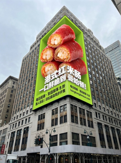 低角度仰拍纽约曼哈顿街角一栋经典石砌摩天大楼的外墙，建筑外墙上悬挂着一块巨型裸眼 3D 广告牌，背景为鲜亮的石灰绿，广告牌上堆叠着数只巨型 3D 港式红米肠，红亮通透的肠衣包裹着金黄的网状炸皮，露出饱预览效果