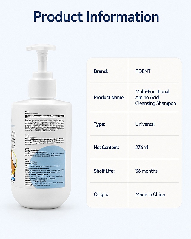 [第8屏] Product Specification - Full product information. This screen uses [image6] as product reference.  
[氛围/风格] Standard information style, clean and professional, full parameter display.  
[元素布局] Left placed side view product, accounting for about 40% of the screen; right side vertical parameter table, product shape and appearance consistent with original image; main title at the top.  
[光影质感] Even soft lighting, product clear, parameter text clear, natural shadow.  
[配色色系] Global background color #f0f5f9; left product white; right parameter table off-white background, dark blue text.  
[视角构图] Left product right table, center horizontal composition, clear information.  
[文字版式] Main title at the top: Product Information, right parameter table contains: Brand: F.DENT; Product Name: Multi-Functional Amino Acid Cleansing Shampoo; Type: Universal; Net Content: 236ml; Shelf Life: 36 months; Origin: Made In China; each parameter clear, field and content separated, easy to read.  
[比例分辨率] 9:16 vertical ratio, 4K resolution, clear readable text, high definition quality.  
[负向提示词] Product deformation, missing parameters, text confusion, blurry image, Chinese characters, wrong parameters.