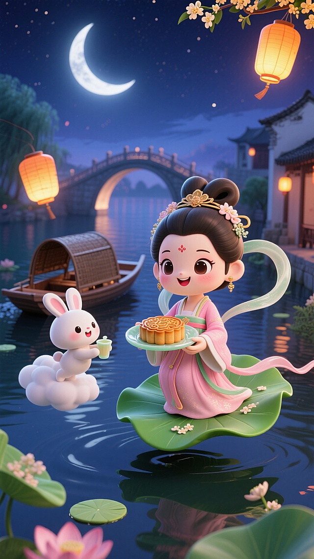 Q 版嫦娥坐在漂浮的荷叶上，手里捧着装满月饼的玉盘，Q 版玉兔踩着云朵递桂花酒，下方是江南水乡乌篷船与现代跨江大桥同框，夜空挂着月牙和小灯笼