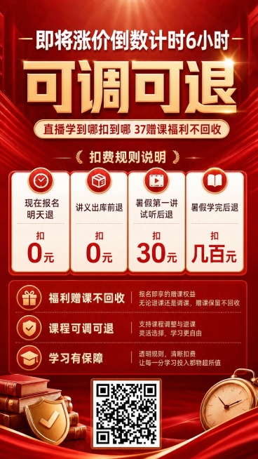 修改海报文字：将顶部的“即将涨价”改为“即将涨价倒数计时6小时”，将“赠课福利不回收”里的赠课改为37赠课，即修改为“直播学到哪扣到哪 37赠课福利不回收”，其他内容和设计风格保持不变预览效果
