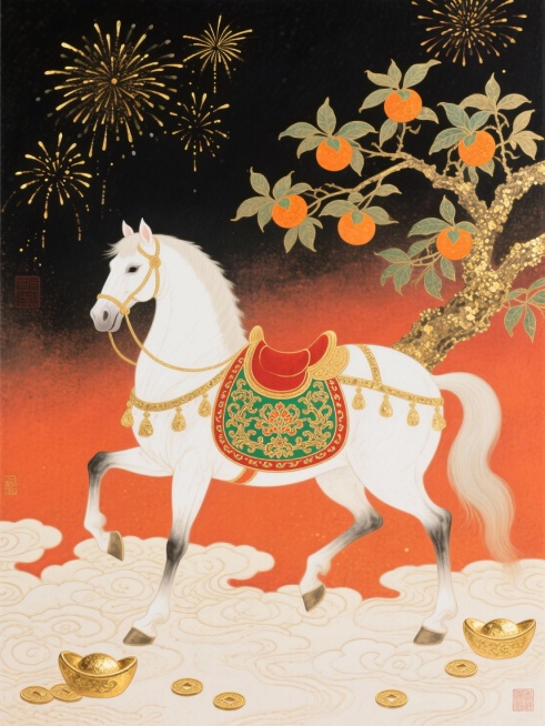 中式岩彩画风格马年喜庆插画，暖橙红高饱和色调，采用平涂式岩彩画工笔重彩风格，颗粒感肌理，画面视角为平视，中心对称构图。主体是一匹占画面 60% 比例的白色骏马，呈前蹄抬起的前行姿态，朝向画面左侧，身披预览效果