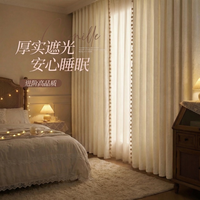 不改变原来的纹路，把窗帘的颜色改成奶油白色，也不要改变毛球的颜色，可以适当调整文字内容预览效果