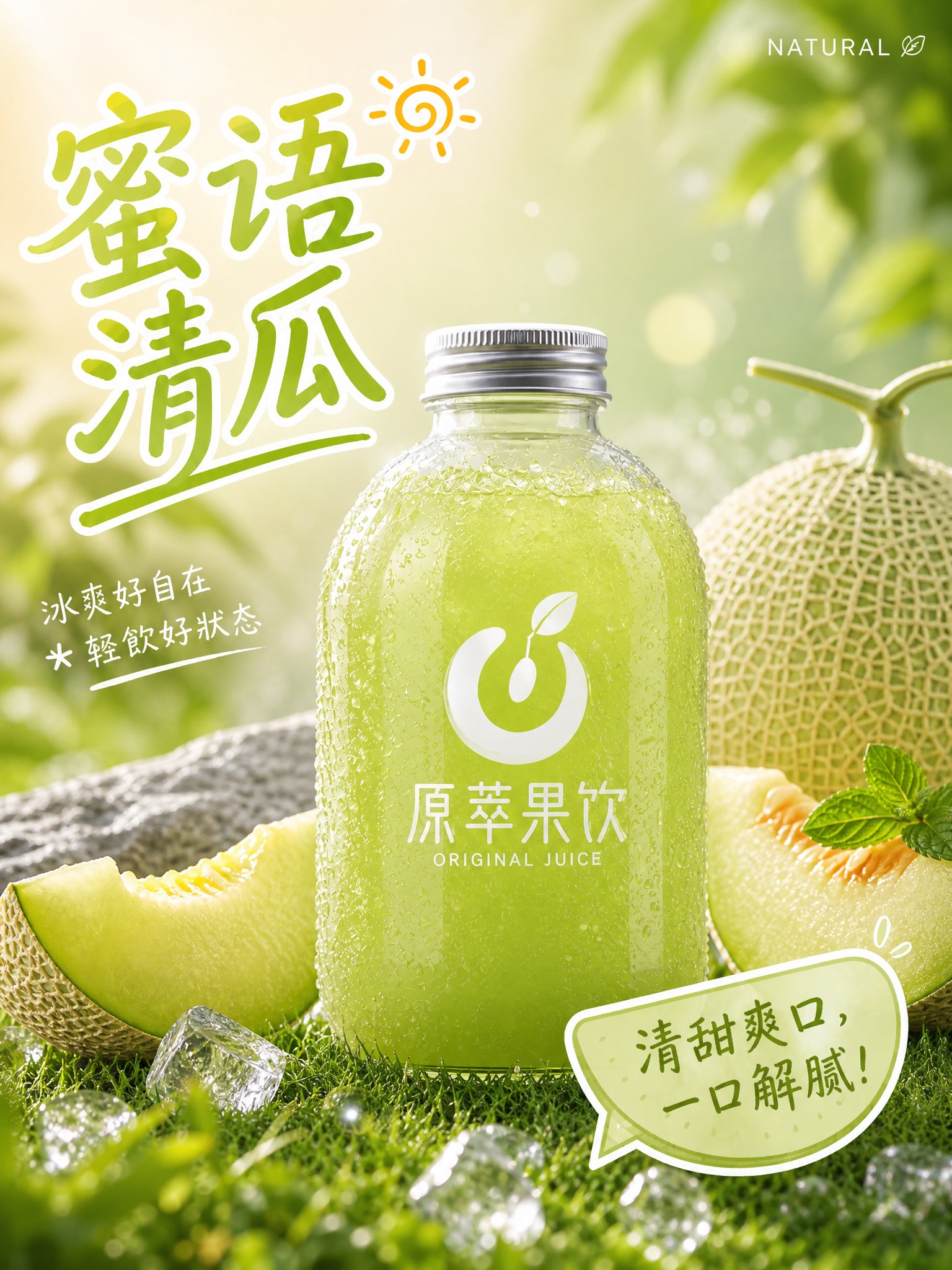 参考图的版式骨架和氛围风格，生成清口蜜瓜爽鲜榨果汁广告海报。画… - 图片创意预览