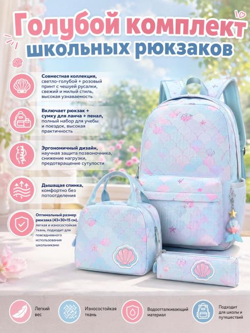 基于提供的浅蓝粉色小学生书包三件套图片，生成符合俄罗斯人审美的电商主图，输出比例3:4。需求：1. 搭配符合小清新风格的清新甜美的场景背景，对背景做适当虚化处理；2. 优化产品本身，使其更立体，添加轻预览效果