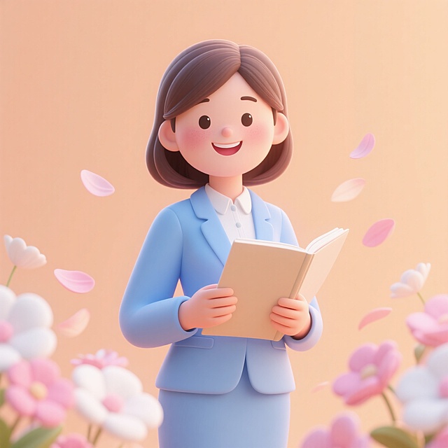 软3D风卡通少女，手捧书本，花瓣飘落，清新自然，充满童趣与温馨。