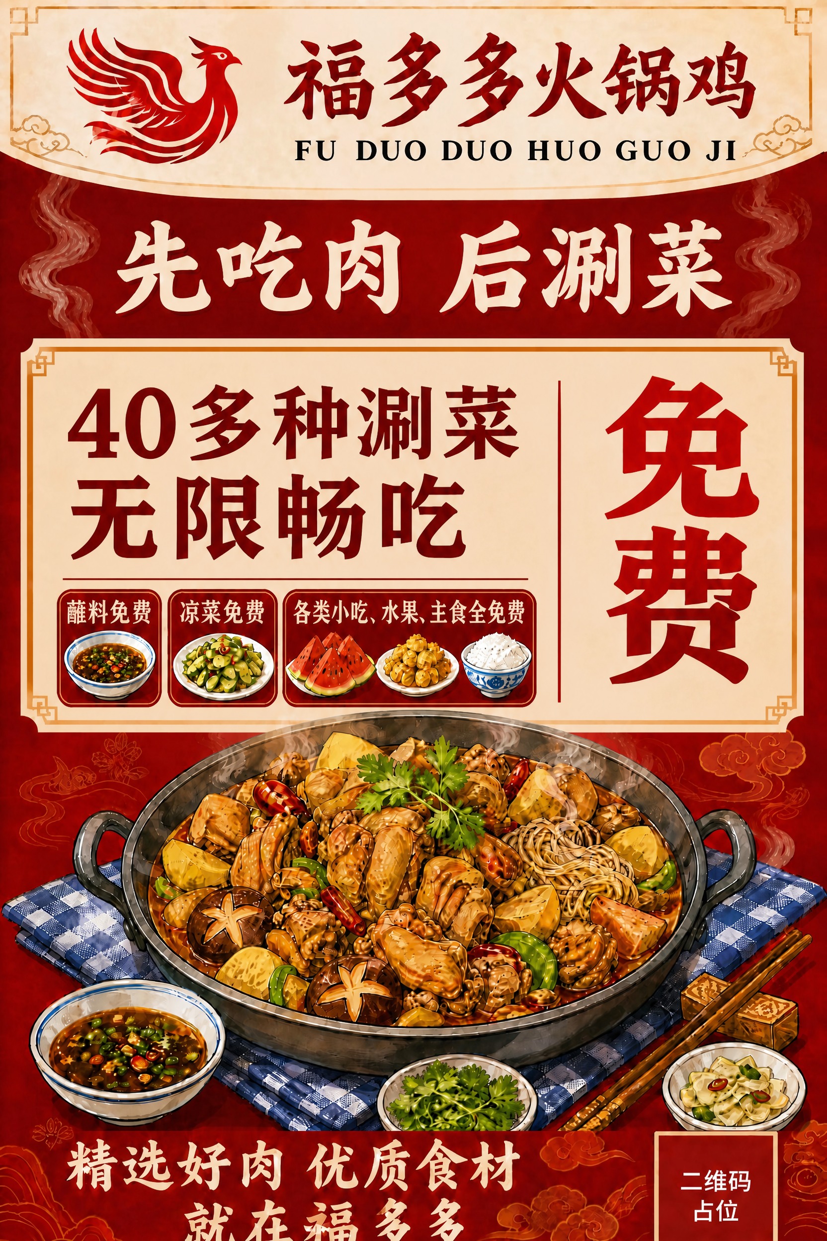参考原图的国潮复古插画风格、红色背景和整体版式，修改中间免费涮… - 图片创意预览