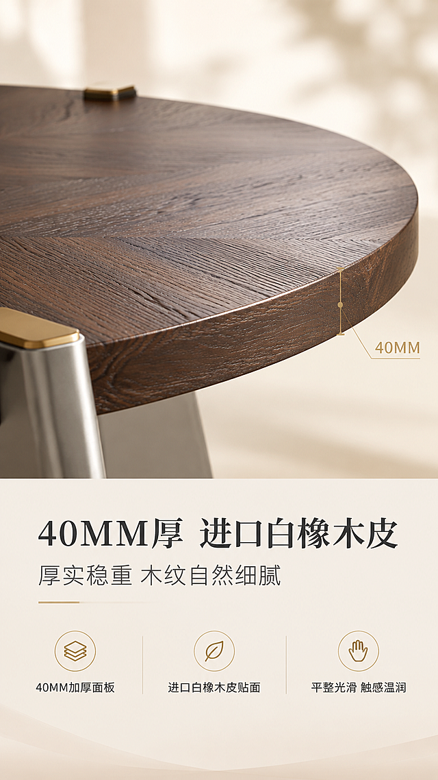 [商品] 使用【图1】DC-2866大圆几深棕木面部分；保留圆形台面、40MM厚度、白橡木皮纹理、边缘倒角；商品处理：增强木纹天然肌理、厚度感、边缘光滑度，修复台面瑕疵。
[画面] 目标：台面材质工艺证明页，突出40MM厚面板与进口白橡木皮质感。构图：上特写下说明，上半部分台面微距特写，下半部分文案+图标。主体：大圆几台面局部，占画面上半约60%。角度：俯视斜角，展现台面厚度侧面与木纹表面。前中后景：前景台面木纹微距，中景台面厚度侧面，后景浅暖白虚化背景。
[视觉] 套系策略：风格=高级轻奢意式商业摄影；标题字=现代极简衬线粗体；正文字=简洁无衬线体；主色=暖米白；背景延展=基于暖米白做深浅层级、同色渐变和细腻哑光质感；强调色=钛金色，仅用于小面积图标、引线、标签和装饰线条；标题色=深炭灰；正文色=中暖灰；组件=细线信息卡、钛金引线、极简icon；光影=顶部暖白柔光，明亮通透，柔和阴影。
[文字] 下半部分文案区：主标题「40MM厚 进口白橡木皮」，副标题「厚实稳重 木纹自然细腻」，3个卖点图标+文字：「40MM加厚面板」「进口白橡木皮贴面」「平整光滑 触感温润」；用钛金引线标注台面厚度。
[规格] 图片比例9:16竖版，4K分辨率，负向提示：避免变形、错字、文字过小、冷蓝背景、木纹失真、结构变形、水印、二维码。
