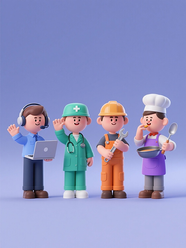 一组四个规整排布的3D卡通风格职业人物系列素材，每个角色都采用圆润可爱的Q版造型，具有光滑的材质表现和柔和的阴影效果，明亮均匀的光线，纯色背景。第一个是身着蓝色衬衫佩戴耳机的客服人员，正在使用笔记本电脑并挥手致意；第二个是穿着绿色医生服的医护人员，手持听诊器，面带微笑；第三个是身着橙色工装的工程师，戴着安全帽，手持扳手；第四个是穿着紫色围裙的厨师，手持锅铲，做出品尝的动作。每个角色都保持相似的构图和姿态，仅在职业服装、工具和背景主色调上有所区分，整体形成协调统一的系列感。