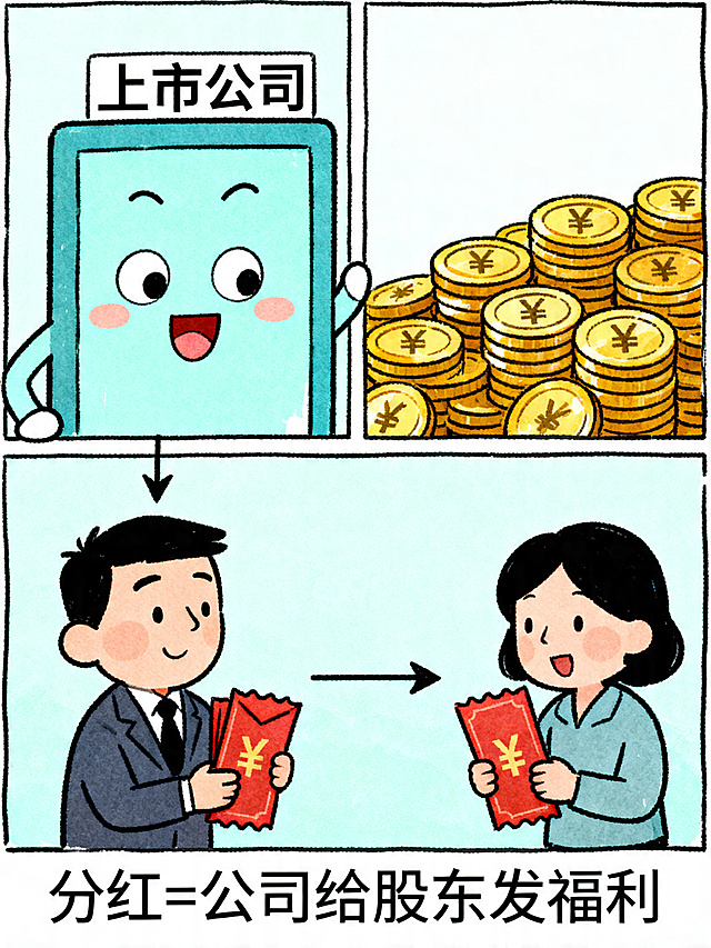 漫画分格，上边画上市公司卡通形象，旁边堆满盈利金币；下边画手持股票的散户卡通人物，有箭头连接公司和散户，在画面下方配文字"分红=公司给股东发福利"，线条简洁明快，色彩清新，手绘风格