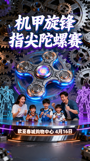 机甲旋锋 指尖陀螺赛亲子活动海报，风格大气高级，充满科技感和未来机甲风格。背景由复杂的金属齿轮、机甲零件构成，带有蓝紫色霓虹光效，营造炫酷的竞技氛围。画面中心偏下位置展示多个家庭（父母和孩子）一起参与预览效果