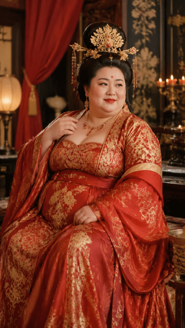 肥胖的杨贵妃，身穿大红色织金云锦宫装，真实人像质感，古典唐代宫廷场景预览效果