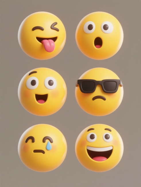 六个不同表情的3D卡通黄色笑脸表情符号，保持统一的圆润造型、光滑质感和纯色背景，包含眨眼、吐舌、惊讶、酷拽、害羞和大笑表情，每个表情都有独特的眼部设计和面部特征，整体风格一致，表情生动有趣，规整排布形成系列素材集合。预览效果