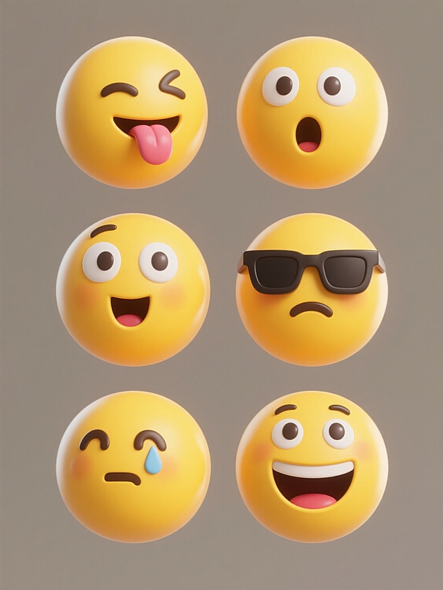 六个不同表情的3D卡通黄色笑脸表情符号，保持统一的圆润造型、光滑质感和纯色背景，包含眨眼、吐舌、惊讶、酷拽、害羞和大笑表情，每个表情都有独特的眼部设计和面部特征，整体风格一致，表情生动有趣，规整排布形成系列素材集合。