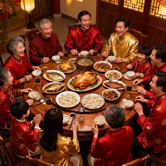 国潮风与重拟物结合，中式庭院实景中，全家围坐圆桌共庆新春，红金刺绣服饰映衬喜庆氛围，油画质感呈现温暖团圆时刻。
