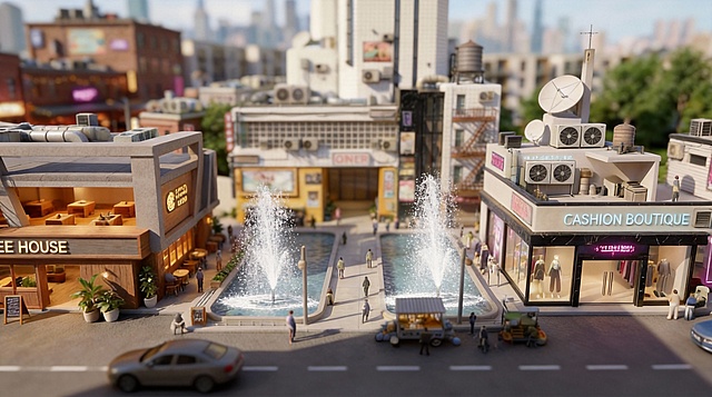 现在整张图优化一下，修改画面中物件，道路与人的比例，例如，喷泉缩小到现在比例的1/4，中间广场探出到路面的部分删掉，中间建筑的外立面的楼梯去掉，左边的外立面楼梯也要删掉，右边衣服店二层的衣服和天线删掉，换成空调外机。保持原有画面的尺寸，