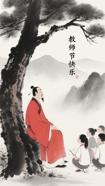 中国水墨画风格，写意风格，一位受人尊敬的学者（老师）坐在一棵苍劲的松树下，神情平静地凝视远山，几名学生在不远处恭敬地聆听，老师的形体由类似书法笔触的、发光的细微线条勾勒，场景中充满了知识的灵气，墨色的预览效果