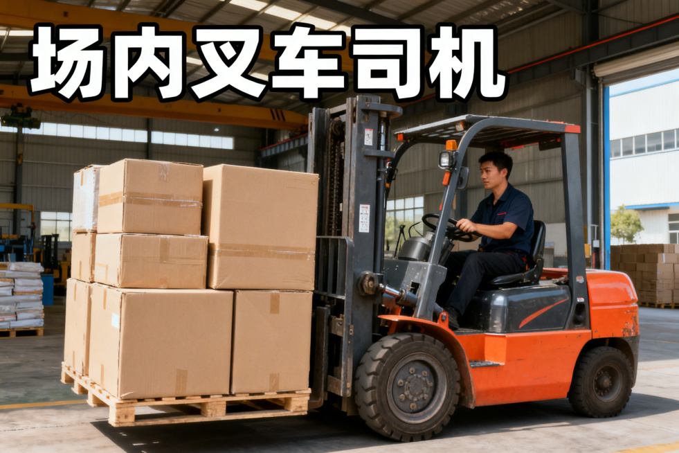 场内叉车司机封面，画面呈现司机操作叉车在厂区作业，上方有"场内叉车司机"醒目文字，风格专业写实，无水印预览效果