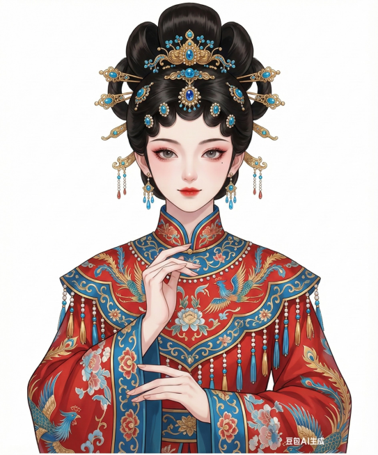 更换女生为另一张漂亮的脸，更换不同款式的高发型，服装更换为同色系装饰的不同款式红色戏曲风格服装，服装上有蓝色和金色的装饰，更换动作预览效果