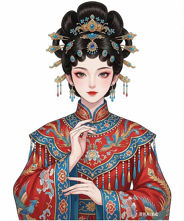 更换女生为另一张漂亮的脸，更换不同款式的高发型，服装更换为同色系装饰的不同款式红色戏曲风格服装，服装上有蓝色和金色的装饰，更换动作