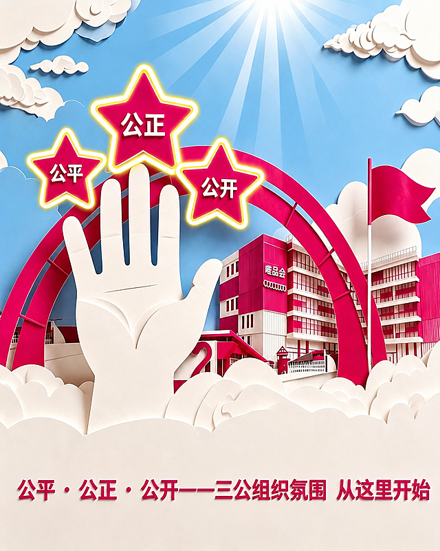 提升图片整体画质，使画面更清晰锐利、细节更丰富。将底部文字修改为“公平 · 公正 · 公开——三公组织氛围 从这里开始”，保持原有的纸艺剪纸风格、玫红色与蓝色配色、手掌、星星、建筑、云朵等所有画面元素和构图不变，文字字体风格与原图一致。