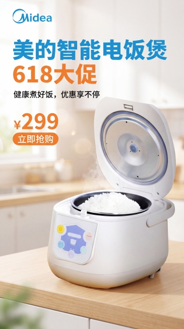 制作一张美的电饭煲电商宣传海报，图中放置提供的美的电饭煲产品图，在海报左上角放置蓝色的Midea美的品牌logo，整体风格简洁干净，清新明亮，产品主体突出，适合电商促销宣传预览效果