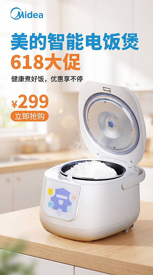 制作一张美的电饭煲电商宣传海报，图中放置提供的美的电饭煲产品图，在海报左上角放置蓝色的Midea美的品牌logo，整体风格简洁干净，清新明亮，产品主体突出，适合电商促销宣传