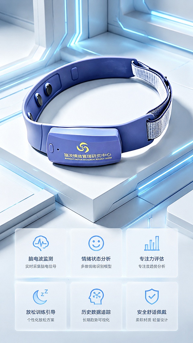 脑电波监测头环严格参照上传产品图，完整保留所有可见组件、部件、轮廓、结构、比例、材质、颜色与产品本体上的文字信息（logo / 型号 / 规格 / 参数 / 浮雕 / 刻度等），与上传图完全一致；自然融入场景光影，与场景共处同一物理空间。
极简未来科技风电商展示场景，浅蓝科技色调，参考图5的布局结构保留，融合参考图4的干净版式设计，参考相似度50%。主产品头环放置在几何渐变展台中央，展台为浅灰几何方块拼接，搭配蓝色发光线条装饰。
主体为脑电波监测头环，产品居中展示，占据画面核心位置，背景无其他同类电子产品。
光影：冷调冷白硬光，主光从斜前方45度照亮产品主体，产品受光面泛起浅蓝色，暗部映射浅灰色光晕，与环境物理融合。
全量换款清单：①参考图5中央机器人展台 → 替换为脑电波头环产品展台；②参考图5六个功能模块区域 → 保留模块布局结构，换为对应产品功能介绍模块。
消除多余营销文字，仅保留产品本体文字，严格锁定宽高比为 9:16。