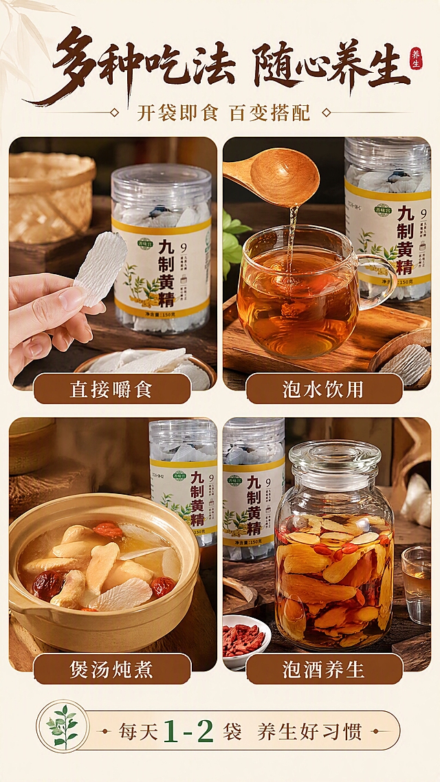 [第7张] 食用场景页-多种吃法场景拼图。本张使用【图2】罐装产品和【图3】冲泡图作为场景元素。
[氛围/风格] 生活方式场景风，温馨日常，中式养生，商业摄影质感。
[元素布局] 画面采用2x2圆角卡片拼图形式，展示四种食用场景：左上「直接嚼食」- 手拿黄精果直接食用；右上「泡水饮用」- 玻璃杯冲泡黄精茶；左下「煲汤炖煮」- 汤锅中加入黄精炖煮；右下「泡酒养生」- 玻璃酒坛泡黄精酒；每张场景图都有黄精产品露出；画面顶部有标题区，底部有总结信息条。
[光影质感] 每个场景都有温暖自然的光线，整体色调统一暖棕系，突出居家养生的温馨感和食物的诱人质感。
[配色色系] 全局底色 #FAF3E6 暖米色；主色 #8B4513 深棕色；辅助色 #D4A574 金棕色、#2E7D32 墨绿色点缀。
[视角构图] 网格拼图布局，2行2列，每张卡片圆角处理，阅读动线从左到右、从上到下。
[文字版式] 顶部主标题「多种吃法 随心养生」深棕色书法大字；副标题「开袋即食 百变搭配」金棕色宋体；每张场景图下方配吃法名称：「直接嚼食」「泡水饮用」「煲汤炖煮」「泡酒养生」，白色文字配深棕色圆角底条；底部信息条标注「每天1-2袋 养生好习惯」小字样；文字清晰可读。
[比例分辨率] 9:16 竖版比例，4K分辨率，文字清晰可辨，高清画质。
[负向提示词] 场景拼接生硬，文字错乱，水印，颜色偏差，人物畸形，画面模糊。