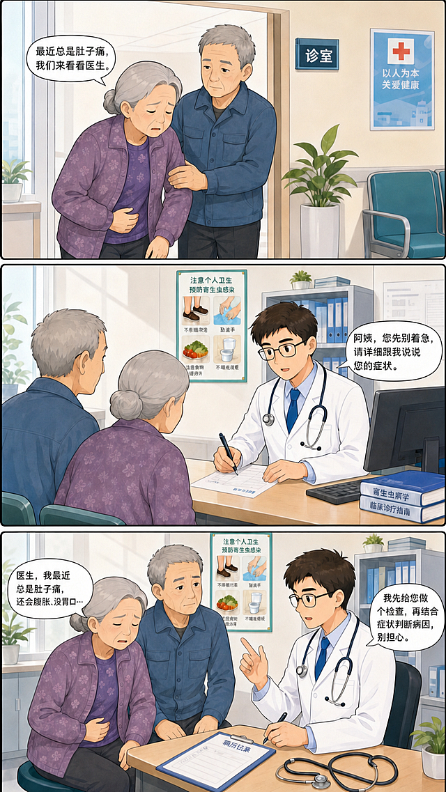 去掉图中老伯的眼镜，去掉左上角1.走进诊室、2.医生接诊、3.详细问诊与检查这些标题提示框和文字，保留原有漫画风格和其余所有内容