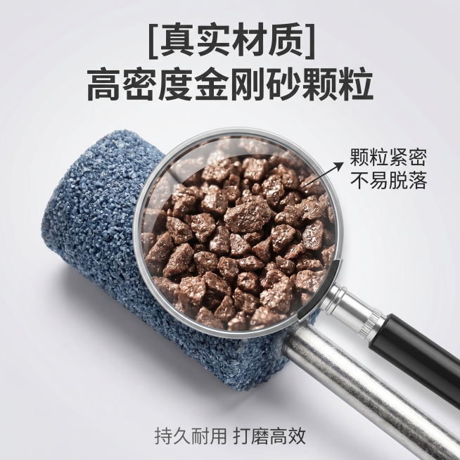 [主图 3] 棕刚玉砂轮磨头细节特写主图。[氛围风格] 五金工业品干净高级风，突出材质细节。[画质] 超高清商业摄影，微距特写，纹理清晰真实，画面干净通透。[元素] 放大镜特效放大棕刚玉砂轮头部磨砂颗预览效果