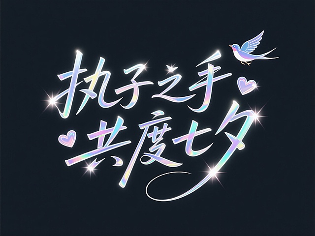 梦幻插画风，霓虹灯效果大字设计，甜美七夕主题。