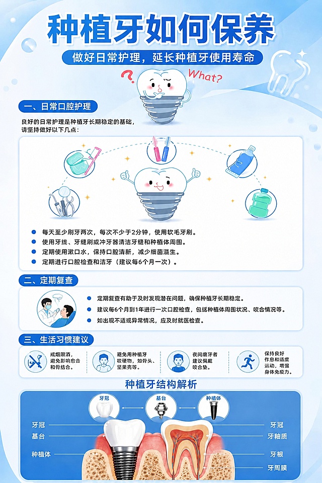 删除"二、饮食注意事项"整个板块，在原位置添加"二、定期复查"板块，调整整体排版，保持"一、日常口腔护理"、"二、定期复查"、"三、生活习惯建议"三个板块和底部种植牙结构解析均匀分布，保持浅蓝色清新医疗科普风格，所有原有文字内容保留完整，不改变文字内容，只调整板块位置和整体版式，让整体均匀协调