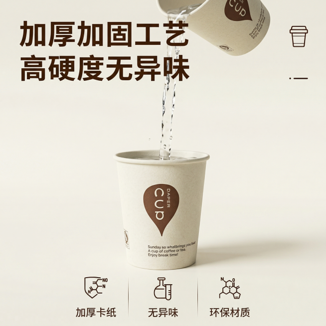 [主图 2] 一次性纸杯核心卖点展示
[主图主题] 加厚加固工艺 高硬度无异味
[氛围/风格] 简约干净质感风，干净明亮通透
[画面元素] 主体是一个单独的纸杯居中偏下位置，正在往纸杯中倒水，水流自然预览效果