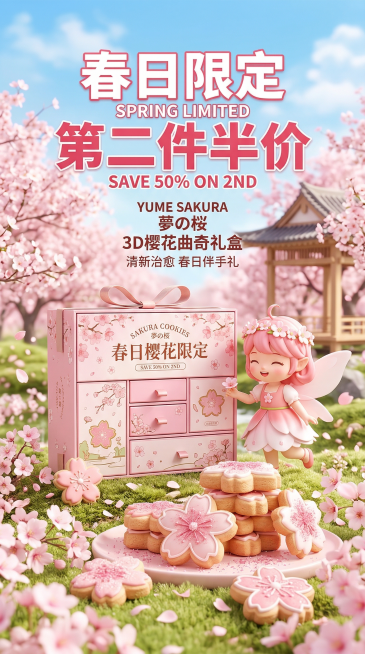 春日樱花限定电商海报，清新治愈风，明亮柔和的粉绿渐变色调，C4D卡通樱花精灵IP，3D渲染的樱花曲奇饼干礼盒，前景是堆叠的饼干和飘落的樱花花瓣，背景是春日樱花林与和风小筑，文字排版清晰醒目，促销信息“预览效果