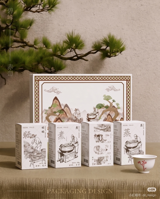 去掉背景右上角的“山茗纪”文字，同时去掉盒子上方大包装中间的“山茗纪”和其下方“制茶工艺全图”文字，保持背景颜色和整体风格不变，用背景色填充移除文字后的区域，保证整体美观预览效果