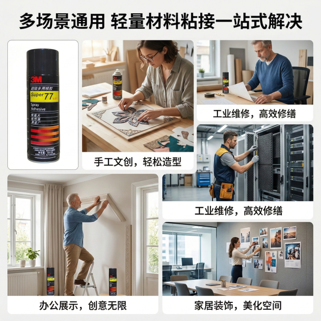 淘宝主图，3M77喷罐小图展示在画面左上角，右侧用场景拼图形式展示手工文创、家居装修、工业维修、办公展示的应用实景，每个场景配简短文字说明，上方标注“多场景通用 轻量材料粘接一站式解决”，背景为白色，预览效果