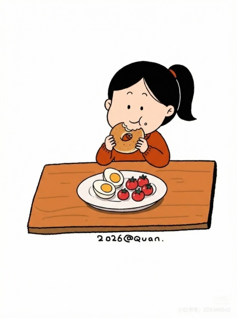保持画风不变，将人物改为无刘海扎马尾辫，手上拿着半个贝果正在吃，面前食物替换为一个盘子，里面放着两个水煮蛋和几颗圣女果预览效果
