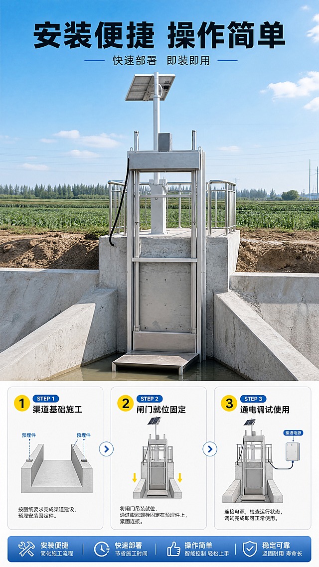 [商品] 使用【图5】混凝土渠道安装式闸门；保留太阳能板立柱、不锈钢护栏、混凝土渠道、闸门主体结构、产品比例和材质；清晰化产品安装结构，增强混凝土与金属质感。
[画面] 目标：安装与使用便捷性展示，说明产品安装方式与操作简单。构图：上下布局，上方为安装完成实景大图，占画面约50%，下方为3步安装步骤示意。阅读动线：顶部标题→安装实景大图→下方3步流程。背景：户外农田渠道实景，天空晴朗。
[视觉] 套系策略：风格=工业科技感商业摄影；标题字=粗黑无衬线黑体；正文字=简洁无衬线黑体；主色=科技蓝+稻田绿；背景延展=基于蓝绿做天空蓝、渠道混凝土灰、农田绿自然层级；强调色=亮黄色，仅用于步骤序号和重点标注；标题色=深蓝黑；正文色=深灰；组件=圆角步骤卡、圆形步骤序号、箭头指示；光影=自然日光，安装场景光线真实统一。
[文字] 顶部主标题"安装便捷 操作简单"，副标题"快速部署 即装即用"。下方3步："STEP 1 渠道基础施工"、"STEP 2 闸门就位固定"、"STEP 3 通电调试使用"，每步配简图标注。全部横向排版，移动端清晰可读。
[规格] 图片比例9:16竖版，4K，避免变形、错字、文字过小、产品结构改变、颜色失真。