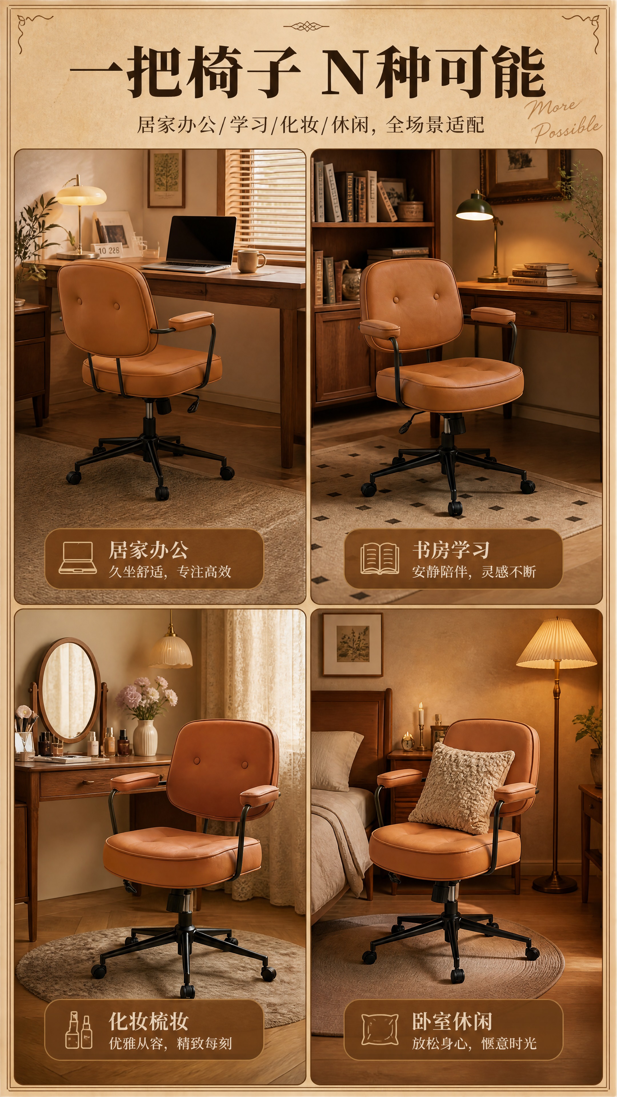 [商品] 使用【图7】焦糖棕椅子，分别融入四个不同场景；保留椅… - 图片创意预览