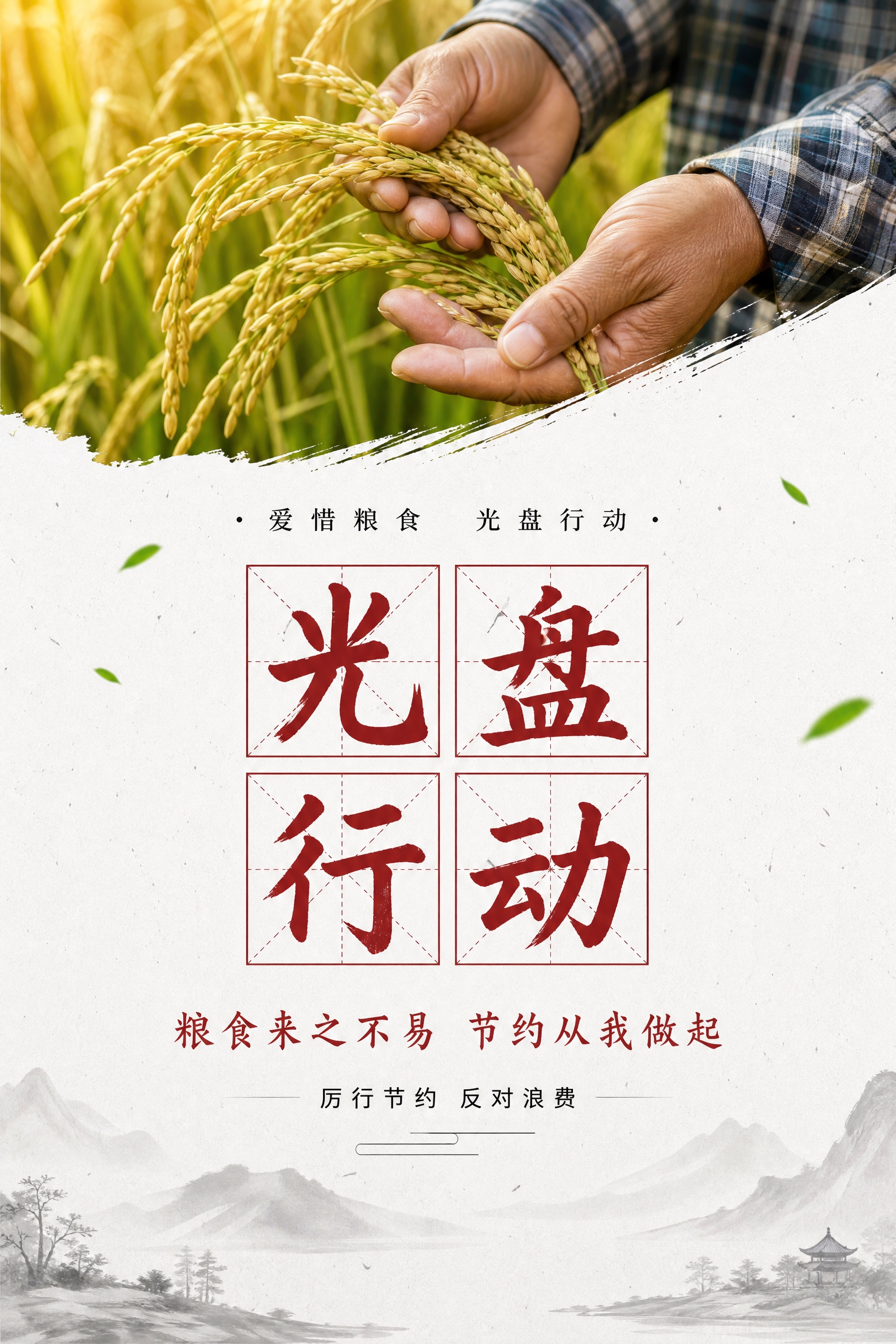 食堂文明海报设计，竖版3:2比例，新中式简约风格。顶部斜切展示… - 图片创意预览