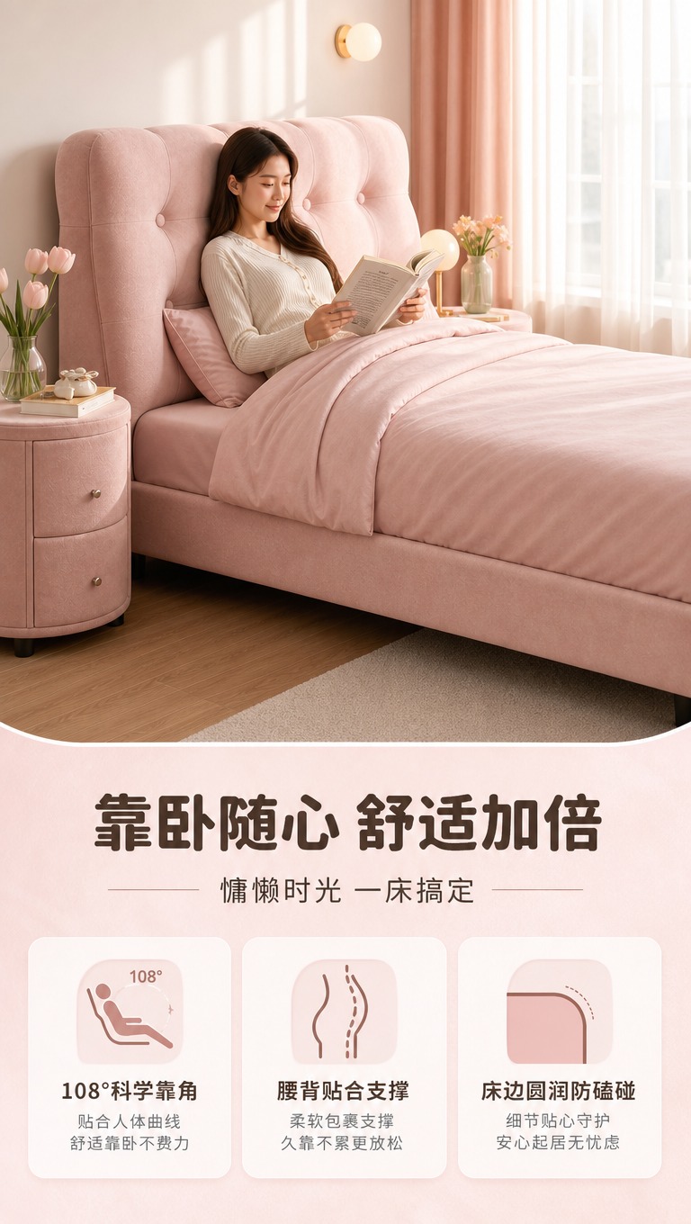 [商品] 使用【图1】粉色婴儿绒软包床；保留床头软包拉扣、粉色… - 图片创意预览