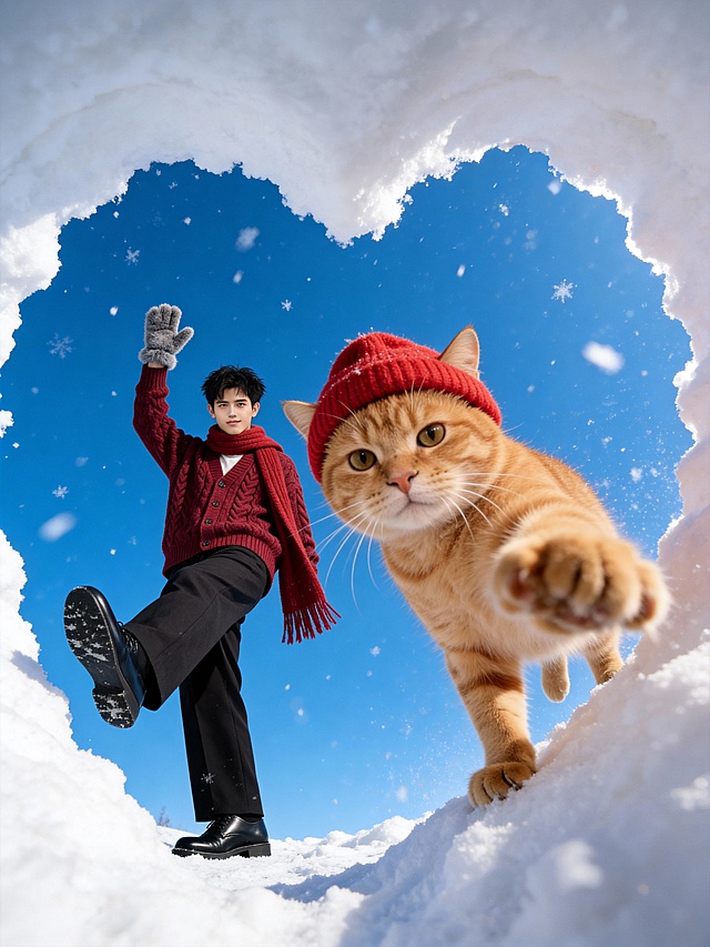 仰拍视角，以蓬松洁白的雪层挖空成的小心形框架为前景，背景是高饱和度的纯净蓝天，同时添加动态飘落的细碎雪花。猫咪戴红色毛线帽，身体前倾，用爪子伸向镜头；左边男生穿酒红色粗麻花针织开衫（宽松落肩版型，纹理立体清晰），搭配同色系红色针织围巾，自然垂坠；黑色垂感直筒西裤；黑色基础款皮鞋，哑光质感。他侧身站着，回头看镜头，左脚向上翘起，左手戴灰色毛绒手套并向上扬起，自然的微笑。画面采用极具冲击力的超广角鱼眼镜头视角，整体光影为自然日光，色彩鲜艳，8K超高清画质。高饱和色彩，网红打卡感，营造冬日户外鲜活氛围感。