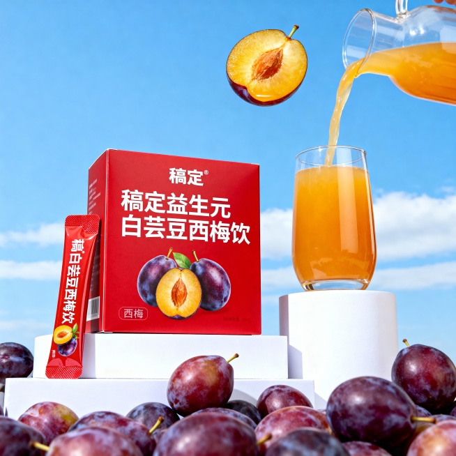 商品商业宣传图，低角度仰视视角，红色独立小包装竖立在红色的益生元白芸豆西梅饮包装盒的左边，包装盒的右后面有一杯正在倒入橙黄色西梅饮品的透明玻璃杯，独立小包装和红色包装盒和玻璃杯置于白色展台上，展台上点预览效果