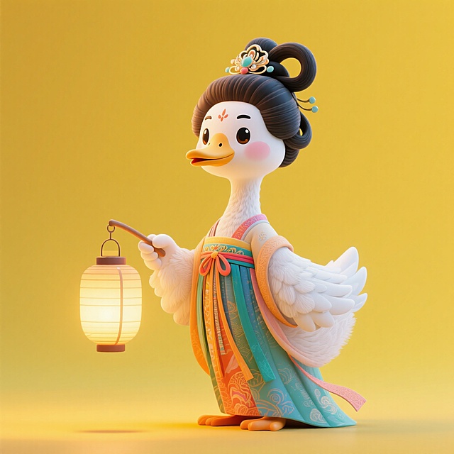 （嫦娥服饰和发型）的拟人化鹅拿着一个灯笼，黄色渐变背景。全身，元素完整。