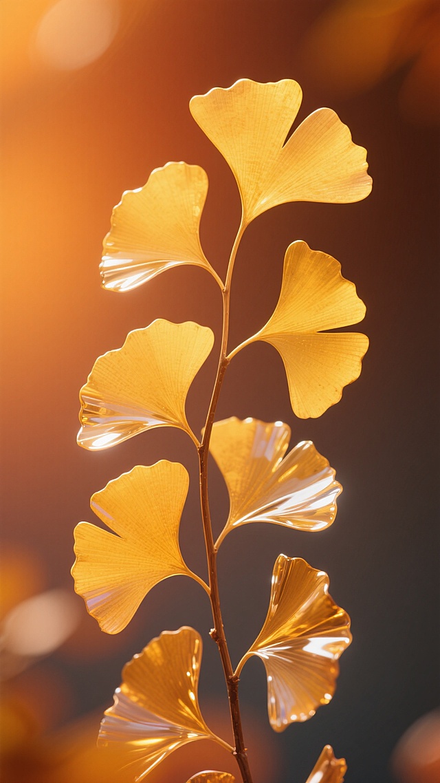 金色渐变银杏叶以垂直交错的螺旋状动态排列，叶片边缘呈现琉璃般的透明光泽与高光折射，背景采用暖橙色渐变光晕烘托，整体构图形成强烈的视觉流动感与层次对比，突出秋季植物的优雅形态与光影韵律。