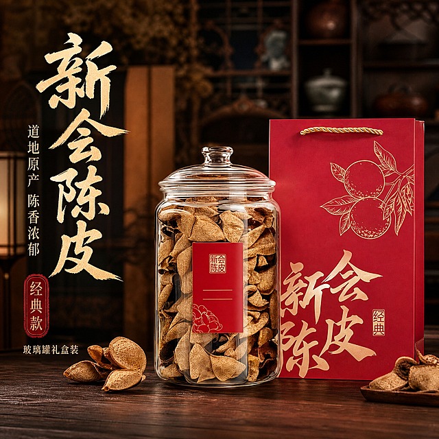 [主图-1] 新会陈皮首图 突出陈香品质与礼盒价值感 吸引点击
[统一基调] 国风品质感 暖棕红金配色 主标题用粗笔刷书法字 米白烫金字色 辅助文案用细宋体深棕色 强调字用朱砂红印章样式 整体暖调柔光 传统陈香氛围 商业摄影质感
[画面] 画面右侧主体为新会陈皮玻璃罐礼盒套装 透明玻璃罐内装满三瓣状陈皮 罐身贴红色标签 旁边竖立红色礼袋 礼袋印有金色新会陈皮书法字与柑果线描图案 产品完整不切割 占画面约65% 左侧留出负空间放置文案 背景为深棕色木质纹理桌面 后方虚化中式博古架与暖光灯笼 营造传统药食同源的陈香氛围 桌面散落2-3片完整陈皮 增加层次感 玻璃罐有真实反光与通透感 陈皮表面油室纹理清晰可见
[光影质感] 自然暖光从左上方斜射 产品左侧受光 右侧形成柔和阴影 玻璃罐高光通透 陈皮表面呈现自然哑光质感 底部有真实接触阴影 无悬浮感 整体暖调柔光 商业摄影级质感
[配色] 背景主色深棕木色 产品红色礼袋与标签 陈皮棕褐色 标题米白烫金 辅助文案深棕 强调字朱砂红 整体暖棕红金国风配色
[文字版式] 左侧负空间竖排布局 顶部主标题大字"新会陈皮" 粗笔刷书法字 米白烫金色 下方细宋体小字"道地原产 陈香浓郁" 再下方朱砂红印章样式框内写"经典款" 底部一行小字"玻璃罐礼盒装" 文字清晰不遮挡产品 字号层级分明 主标题最大 辅助文缩小60%以上
[输出要求] 1:1正方形 2048x2048 文字清晰可读 产品清晰完整 无变形 无错字 无模糊 无杂乱背景 无水印 无平台Logo 禁止出现绝对化用语